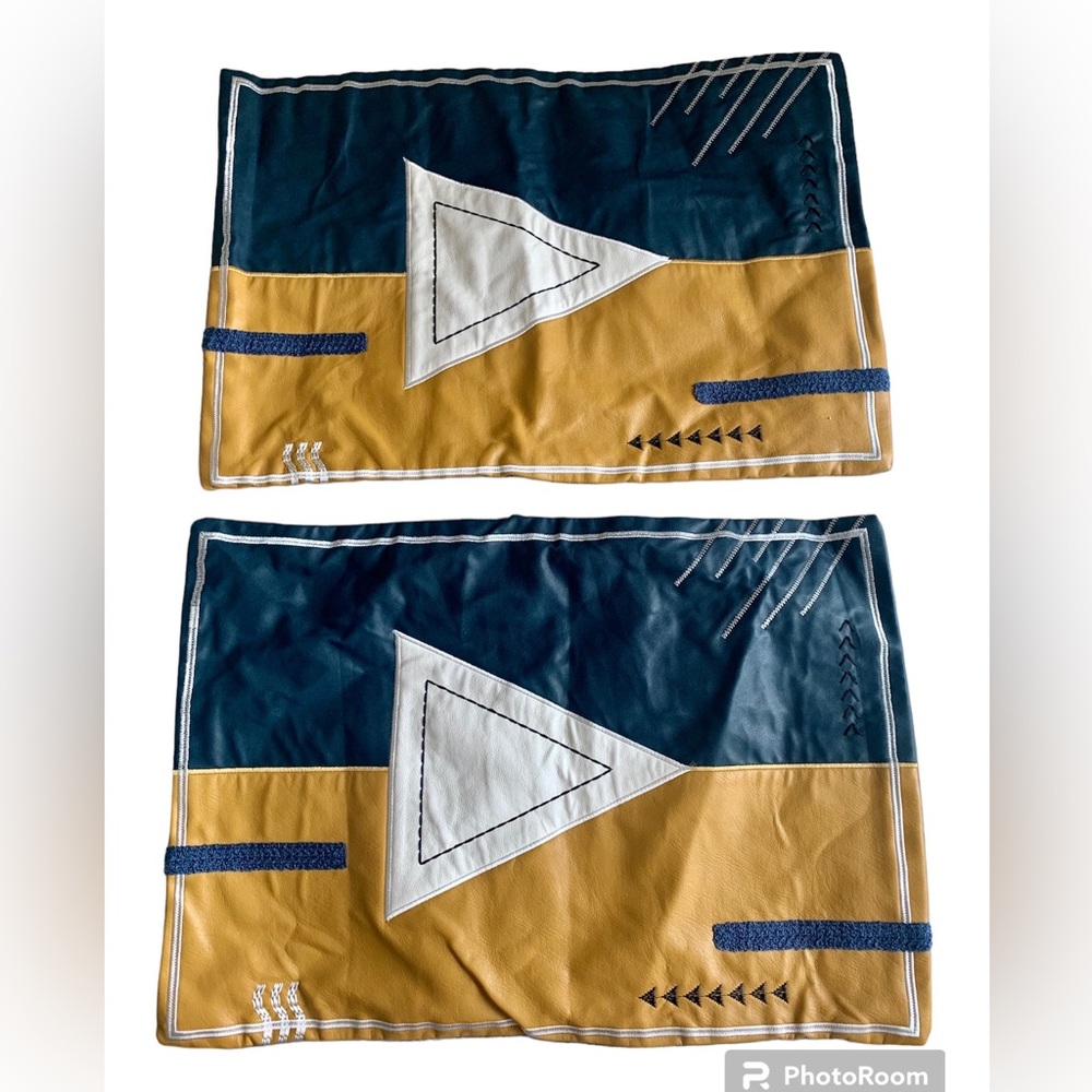 Faux Leather Blue Gold Modern Nautical Pillow Covers 2